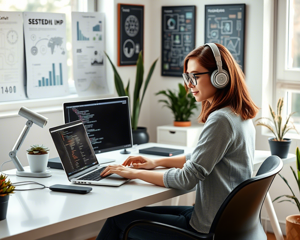 mujer en computador trabajando